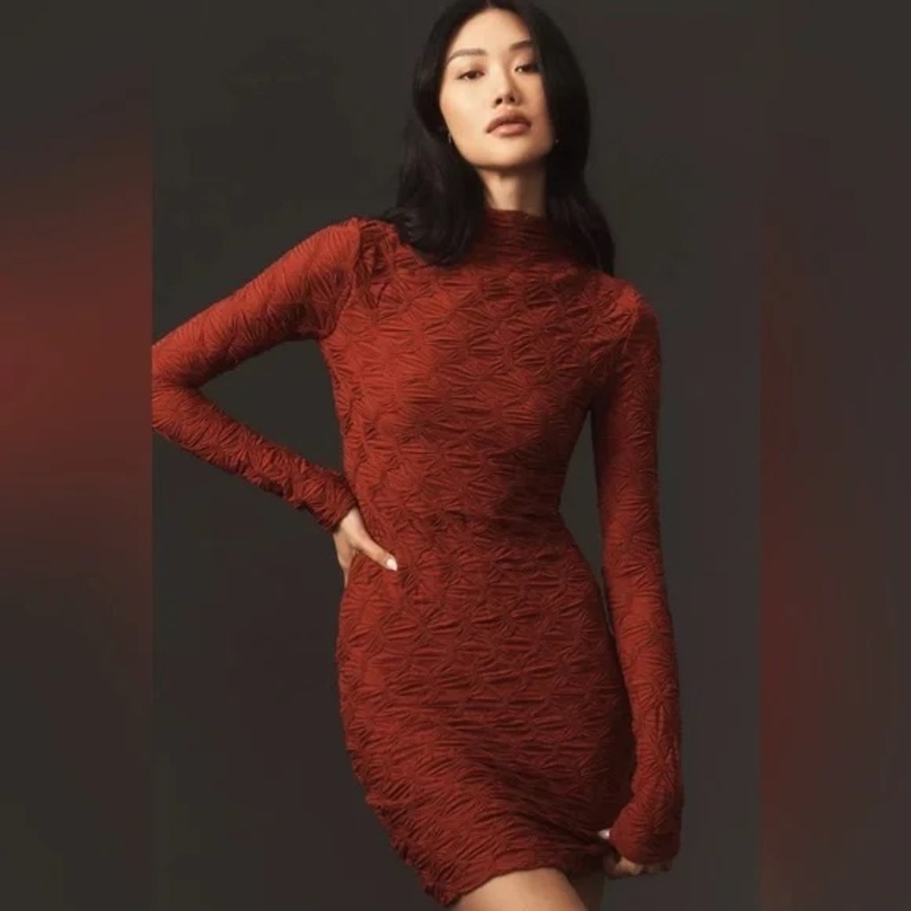 Anthropologie Maeve Burgundy Long-Sleeve Scrunch Textured Mini Dress Size xs